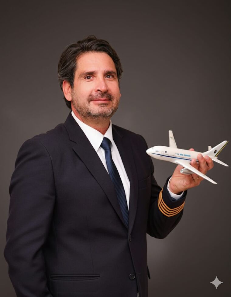 Rodrigo Lhamas Guastini, comandante de aeronaves, de terno, segurando a miniatura de um avião.